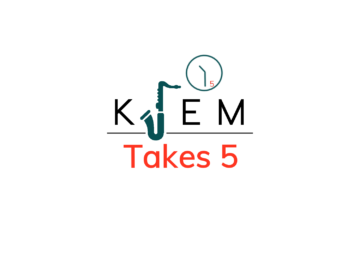 KJEM Logo, clock with 5, Takes 5, five